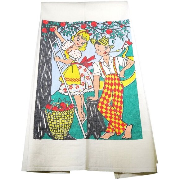 P&S Creations Apple Tree Lad & Lassie Novelty Tea Towel Mid-Century Kitchen - Picture 1 of 6